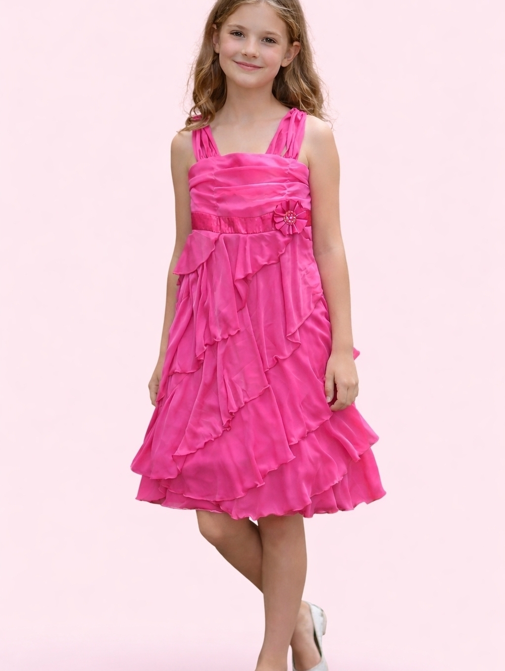 AMY BYER Hot Pink Satin Cascade Bow Tie Waist Ruffle Dress